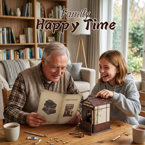 Father and daughter assembling DIY Book Nook Kit Sakura Tea Pavilion 3D Wooden Puzzle Japanese Miniature House at a table