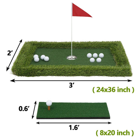 Floating Golf Green Set For Poolside Fun And Outdoor Play With Chipping Mat And Training Accessories 2 In 1 Golf Game For 2 To 4 Players Includes 24x35 Inch Pool Green 8x20 Chipping Mat 10 Balls 2 Tees And Flags showing dimensions of green and mat