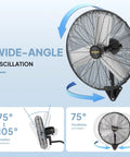 24 Inch Industrial Wall Mounted Fan With Dual Ball Bearing Motor And Aluminum Blade displaying oscillation angles