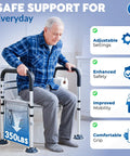 Premium Toilet Safety Rails For Aging Adults And Rehab Users Offers No Sweat Setup With Traction Handholds And Beefy Steel Tubing Folds Quick For Clutter Free Baths Bears Up To Three Hundred Fifty Pounds Without Breaking A Sweat. Senior man using adjustable toilet safety rails with comfortable grip, supporting 350 lbs.