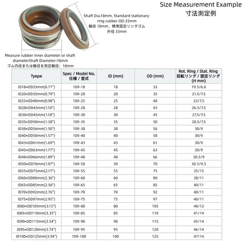 Image of 1 Piece Universal 109 Type MG1 Mechanical Seal with Silicon Carbide and Alloy Ring plus FKM Bellows with size measurements.