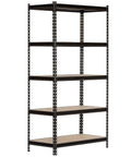 Heavy Duty Five Tier Black Steel Storage Rack featuring sturdy boltless shelves, adjustable frames, and a sleek design.