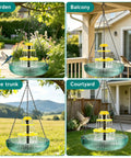 3 Tier Hanging Solar Bird Bath Fountain with Cascading Water Feature and Large Bird Bowl in various outdoor settings.