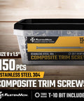 Heavy Duty 304 Stainless Steel Trim Screws For Composite Fencing And Deck Boards Size 8 By 1.5 Inch packed in container.