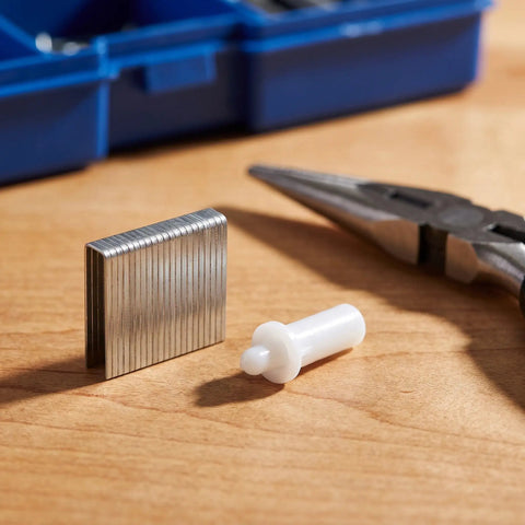 A Straight Up Game Changer For Sagging Wood Shutters Featuring 30 Spring Loaded Shutter Pins And Reliable White Plastic Louver Hardware, showcasing a white plastic pin beside a metal staple.