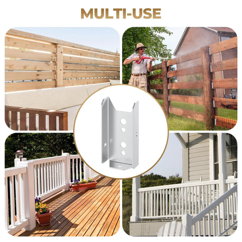 Rock-Solid 2x4 Fence Brackets for Wood Posts and Rails shown in various installation scenarios, highlighting heavy-duty galvanized steel use.