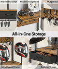 Heavy Duty Motorcycle Helmet Wall Mount With Dang Tough Waterproof Steel Construction And Roomy Fabric Drawer for gear storage.
