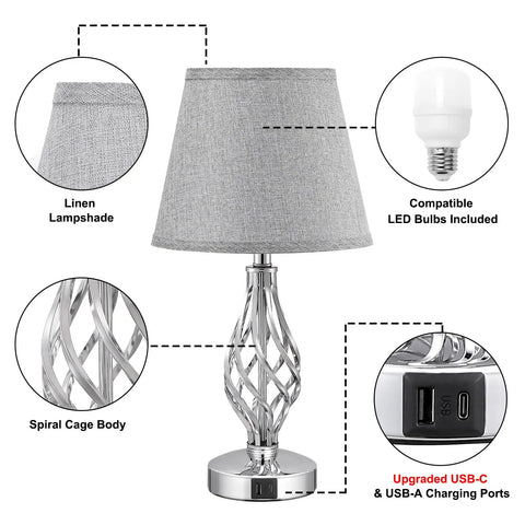 Two Pack Touch Table Lamps For Bedside With USB C Charging Ports, 3 Way Dimmable Table Lamps with spiral cage base and linen shade