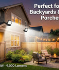 Two Pack 50W LED Flood Lights Outdoor IP66 Waterproof Daylight 6500K 14000 Lumens illuminating a backyard with seating area