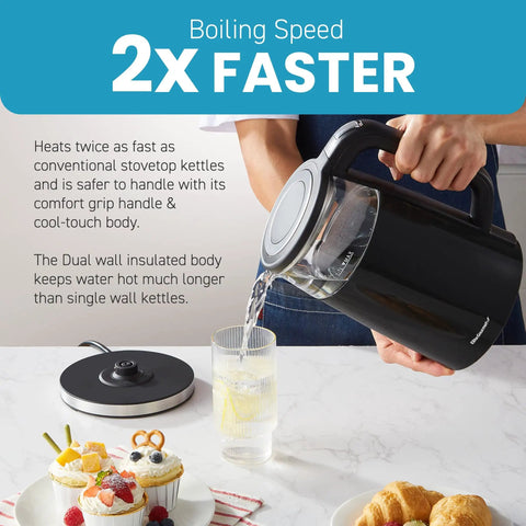 Pouring water from a 1.7L Dual Wall Electric Tea Kettle With Cool Touch Borosilicate Glass, 304 Stainless Steel Interior, Black