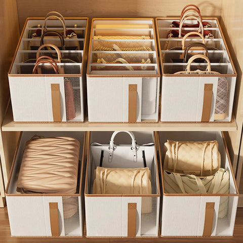 Fabric Drawer Organizers 4 Pack With Ventilation Mesh And Five Grid Layouts To Keep Your Knitwear And Casual Threads From Getting Bunched Up And Staying Smooth In Beige, arranged in a wooden shelf.
