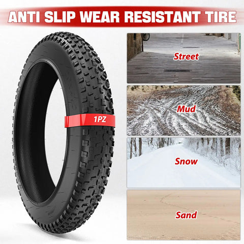 Puncture Resistant 20x4.0 Tire Insert For Fat MTB Tires And Ebikes, shown with street, mud, snow, and sand terrain.