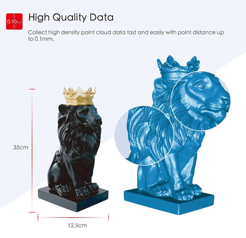 Handheld 3D Scanner With Infrared VCSEL Tech And Live RGB Color Capture Built For Makers Craving Straight Up Next Level Precision Without Any Messy Setup Hassles Or Laggy Data Exporting Today, showing scanned lion statue in black and blue with crown.