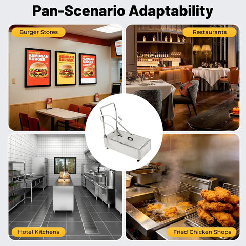 Heavy Duty 55L Commercial Fryer Filter System With Oil Filler Cart Truck Separator in various kitchen settings including burger shops and restaurants.
