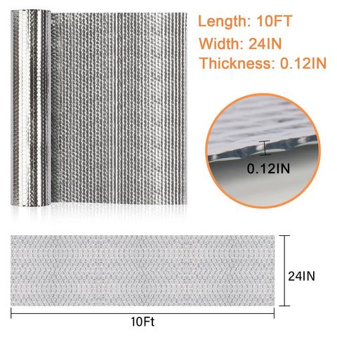 Premium Double Sided Reflective Insulation Roll 23.6 Inch By 10 Foot Aluminum Bubble Heat Barrier showing length, width, and thickness details.