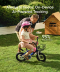 Man assists child on bike in backyard displaying AI-powered tracking with 95% alert accuracy, focus on safety and dynamics.