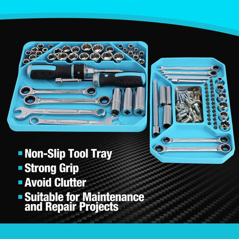 2-Piece Silicone Tool Tray Set with Non-Slip Flexible Organizer and Magnetic Tray holding sockets, nuts, bolts, and tools