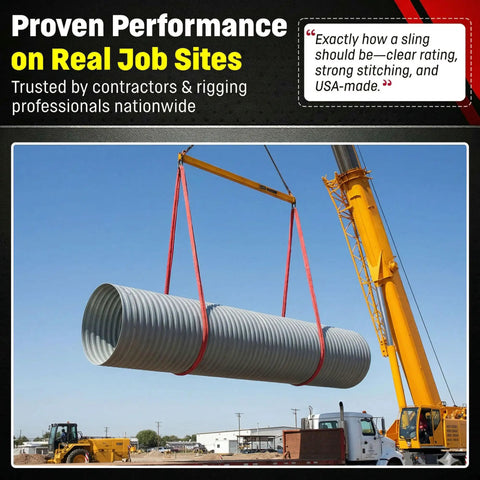 VR5 Red Round Sling 6 Ft Built Tough Endless Polyester Rigging Sling For Lifting And Material Handling USA Made Vertical 13,200 Lb Choker 10,560 Lb Basket 26,400 Lb Double-Ply Cover lifting large pipe with crane