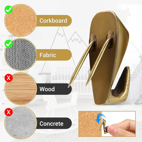 Bronze Stainless Steel Cubicle Wall Hooks for Fabric Panels Holds 40 Lbs, showing compatibility with corkboard and fabric surfaces