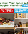 Vamoose Plus Peppermint Oil Mouse Repellent Pouches showcase before and after pantry scenes with rodent activity and organized food.