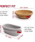 Cotton Rope Banneton Bread Proofing Basket Set With Liners And Covers showing oval and round baskets with size details