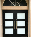 Sleek 48 Inch Single Sided Modern Stainless Steel Front Door Handle With A Slick Brushed Nickel Satin Finish For Exterior Push Pull Use On Wood Glass Metal Sliding Shower Or Barn Doors Serving As A Heavy Duty Smooth Operator That Really Levels Up Your, installed on a black double door with glass panels.