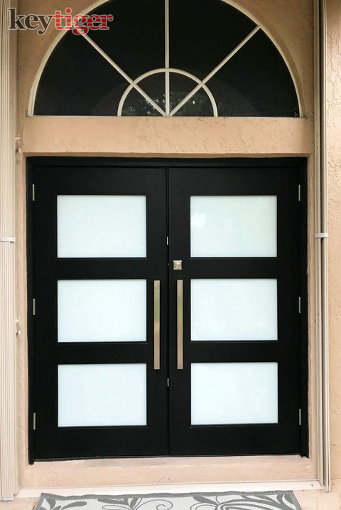Sleek 48 Inch Single Sided Modern Stainless Steel Front Door Handle With A Slick Brushed Nickel Satin Finish For Exterior Push Pull Use On Wood Glass Metal Sliding Shower Or Barn Doors Serving As A Heavy Duty Smooth Operator That Really Levels Up Your, installed on a black double door with glass panels.