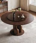 High Grade Oak Wabi Sabi Round Dining Table With 35 Inch Tempered Glass Lazy Susan And Walnut Detail, elegant design.