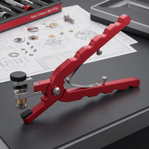 Pro Level Watch Band Tool Kit Featuring Heavy Duty Spring Bar Pliers And Precision Hole Punch for leather straps, red ergonomic design.