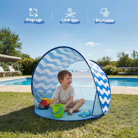 Child playing inside Pop Up Baby Beach Tent With UPF 50+ Canopy, Portable Sun Shade For Infants And Toddlers, Blue Wave Stripes