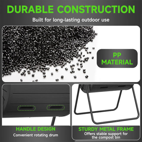Outdoor Compost Bin Tumbler With Resin Construction No Fuss Ventilated Waterproof And UV Protected For Garden Kitchen And Yard Easy To Use Tool Free Assembly Durable For Beginners And Pros Black showing PP Material, handle and metal frame.