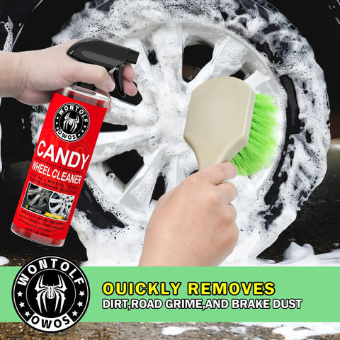 Complete All In One Car Wash And Detailing Kit with soap and wheel cleaner being applied with brush