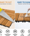 Solid Pine Wood Interlocking Deck Tiles 27 Pack Easy Snap Together 12 By 12 Inch Waterproof Outdoor Flooring demonstration of cutting and cleaning