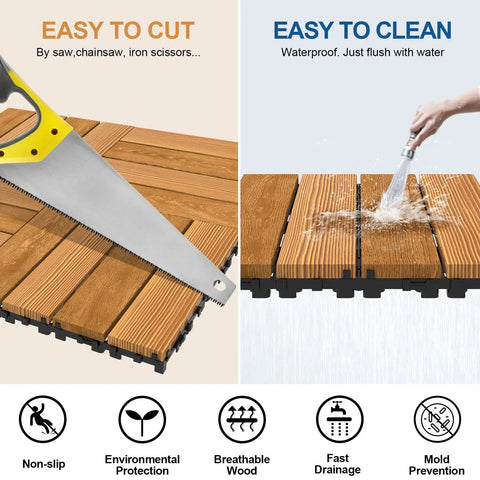 Solid Pine Wood Interlocking Deck Tiles 27 Pack Easy Snap Together 12 By 12 Inch Waterproof Outdoor Flooring demonstration of cutting and cleaning