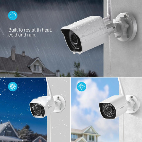 1080p Outdoor Wireless Camera System 3 Pack Indoor Outdoor WiFi Security Cameras With IR Night Vision Motion Detection Remote Viewing No Brainer Setup Plug In White Alexa Compatible High Definition Surveillance mounted outside in various weather conditions