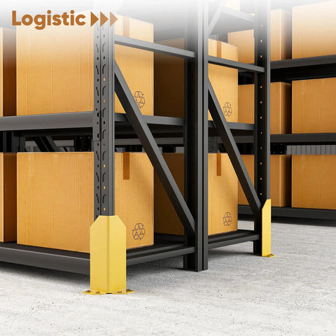 Built Tough 12 Inch Steel Pallet Rack Post Protectors With Ten Floor Anchor Bolts Warehouse Column Guards installed beside cardboard boxes.