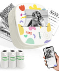 Portable Mini Sticker Printer With Bluetooth Inkless Thermal Technology, 3 Roll Paper Pack, displaying printed photo and list