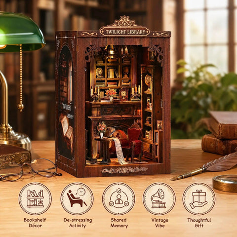 Twilight Library Edition DIY Book Nook Kit With LED Lights For Adults And Teens, mini wooden library diorama on desk.