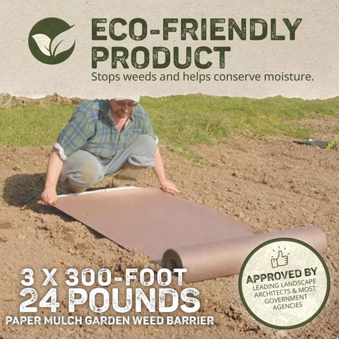 Person installing Natural Organic Paper Mulch Ground Cover Mat For Veggie Gardens Black 3 By 300 Feet on soil