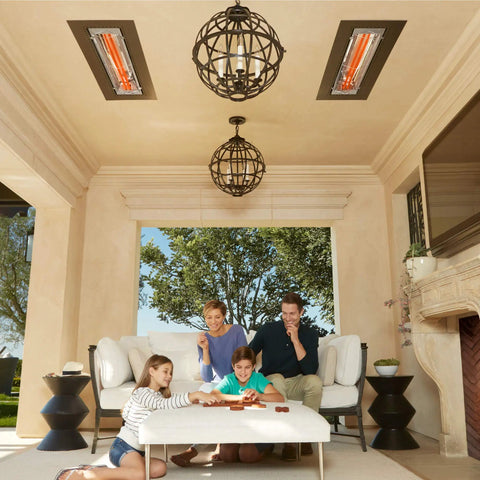 Indoor setting with a family sitting under ceiling-mounted WD-4024 39 Inch Stainless Steel Dual Element Electric Heater Fixture 4000 Watt 240 Volt