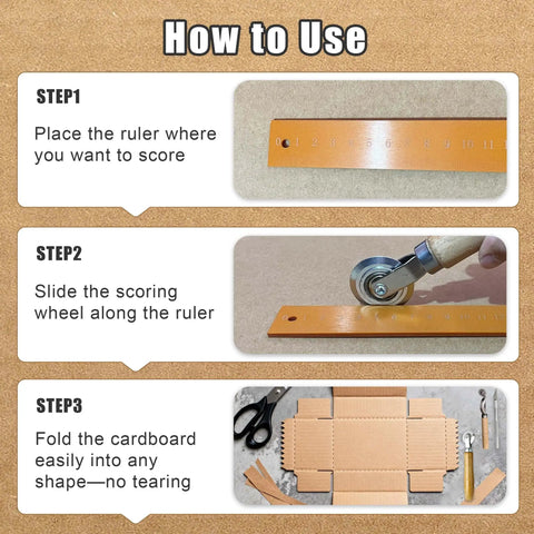 How to use Top Tier 5 Piece Box Resizer Kit featuring scoring wheel and ruler for accurate cardboard cutting.