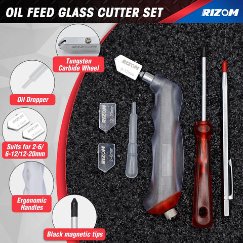 Killer Glass Cutter Set With Solid Oil Feed Tool For Smooth Line Adjusts From 2mm To 20mm Featuring oil dropper and tungsten carbide wheel.