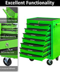 21 Inch Lockable Freestanding Storage Cabinet Rolling Utility Tool Chest Heavy Duty Garage Organizer With Reliable Wheel Brake Casters And Smooth Ball Bearing Drawer Slides Tough Green Finish For Your Weekend Shop Setup showing seven drawers and side handle.