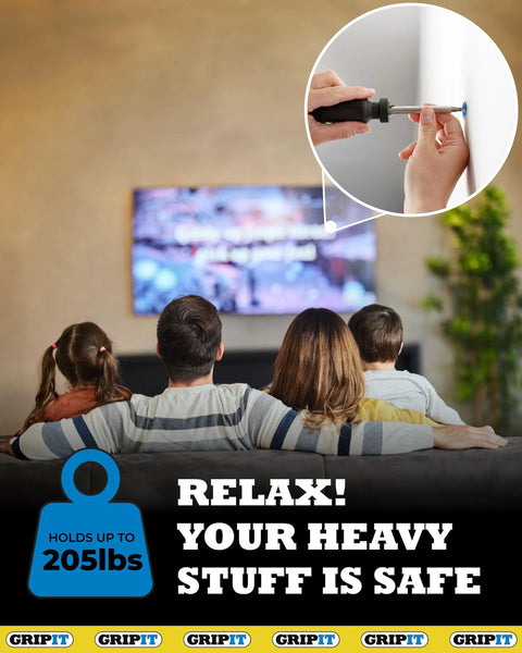Family watching TV with Heavy Duty Drywall Anchors Pack Of 4 With Screws And 1 Inch Drill Bit Included For Plaster Walls Up To 205 Lbs 93 Kg Reusable Wall Anchors Kit Delivers Ultra Strong Grip And Even Load Distribution For Shelves Mirrors And Decor in action inset image.