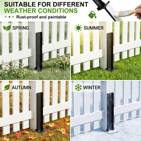 Heavy Duty Fence Post Repair Kit And Quick Fix Stabilizer Bracket shown in different seasons for diverse weather conditions.