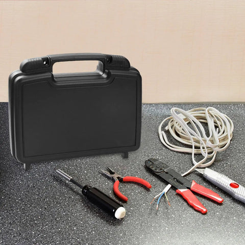 Premium Badass Tool Case Organizer With Secure Removable Tray Inserts, Heavy Duty Black Plastic Hardshell Crate on countertop with tools.