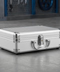 Premium Aluminum Alloy Tool Box with Foam Interior and Sturdy Handle for Safe Transit and Organized Storage of Tools or Valuable Items Travel Friendly Hard Shell Container that Keeps Your Gear Lock Tight in silver finish.
