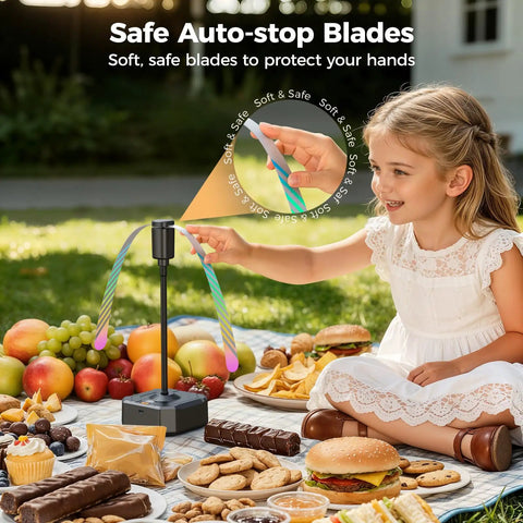 Rechargeable Fly Table Fans With LED Display And Safe Blades 4 Pack For Outdoor Hangouts, child using fan on picnic