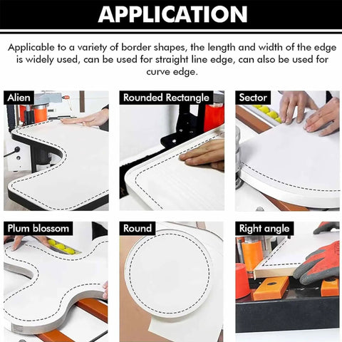 Image showing the application versatility of a Portable Edge Bander For Curve And Straight Edges With Adjustable Speed Up To Five Meters Per Minute Handles 10 To 60 mm Woodworking Banding Lightweight Portable Banding Machine For Desktop Or On The Go Double Sided Glue Coating on various shapes like rounded, right angle, and curves.