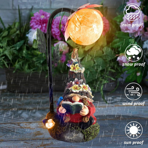 Colorful Gradient Solar LED Garden Gnome Statue for Outdoor Patio Balcony Yard Lawn Decor Gift under rain showing lighted glow and durability
